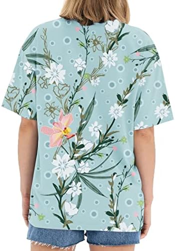 Дами преголема цветна маичка со кратки ракави со кратки ракави лабава екипаж на блузи врвови на блузи, пад на рамената обична туника
