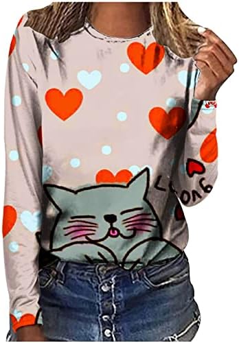 Денот на в Valentубените кошули за жени Симпатични животински графички долги ракави џемпери меки блузи со екипаж на екипаж