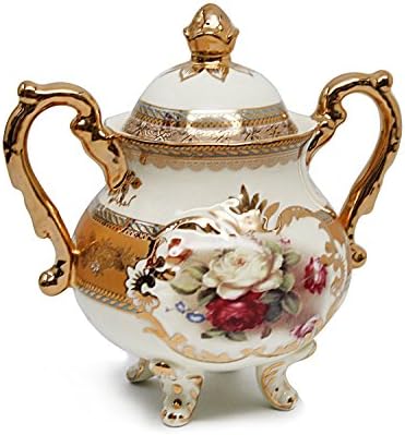 Евра порцеланска чаша чај со чај од 12 парчиња и сервис сет w/послужавник, 24 kT злато позлатени гроздобер рози шема на рачно насликана