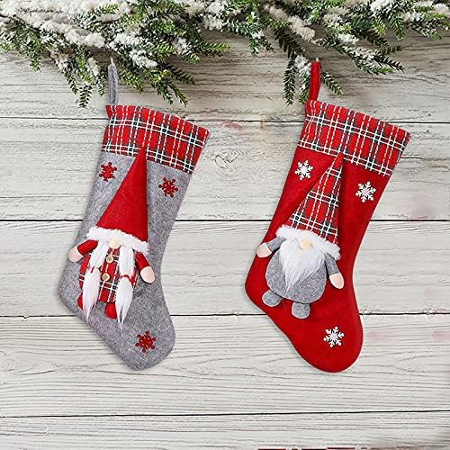 Meajore 2 парчиња Божиќни чорапи Нов сет, 3Д Gnomes Santa Crostrings персонализирани меки класични црвени и сиви камин што висат за семејни