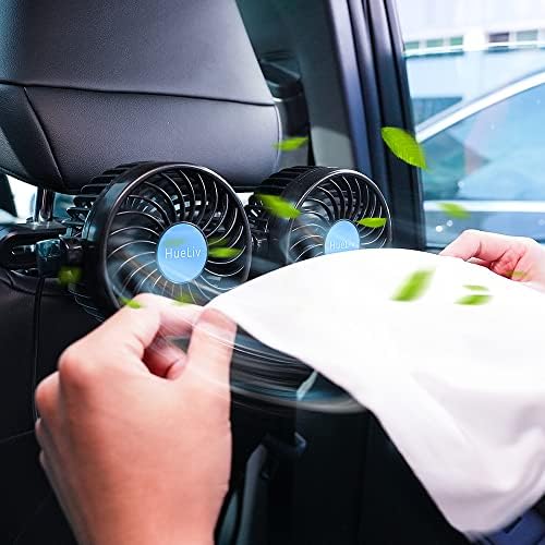 Hueliv Car Fan 12V за задниот дел на седиштето | Двојна глава Електричен автомобил со автомобили | Преносни вентилатори на автомобили без четка 360 ° ротатибилно ладење задн?