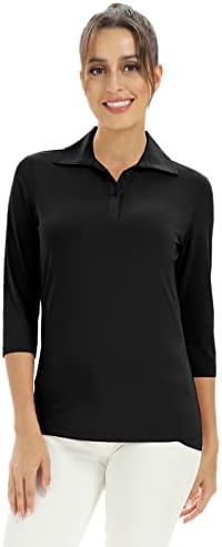 Women'sенски 3/4 ракав голф кошули Обични V вратот врвови тренингот спортски рекреација поло маица цврсто копче надолу кошули