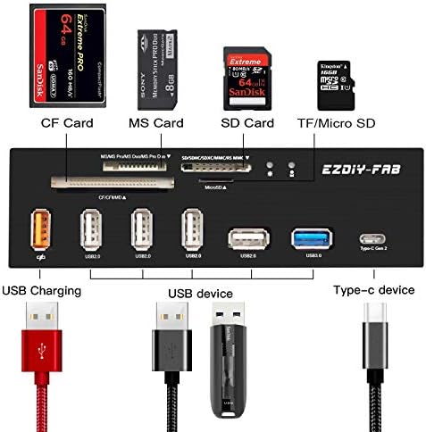 EZDIY-FAB PC FRONT PLANE READER INSB CHUB, USB 3.1 Gen2 Type-C порта, USB 3.0 поддршка SD MS XD CF TF картичка за компјутер, одговара на кој