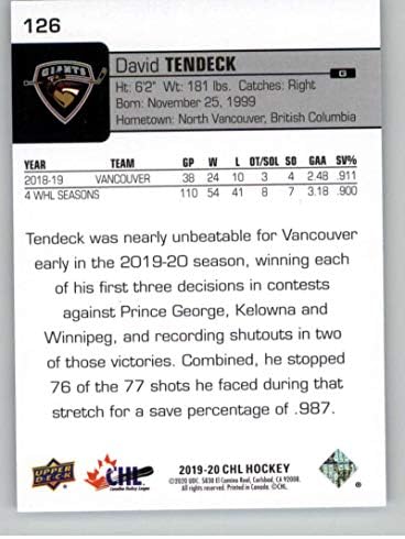 2019-20 Горна палуба CHL 126 Дејвид Тендек Ванкувер гигантс за трговија со хокеј