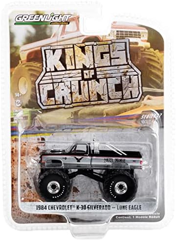 1984 Chevy K-30 Silverado Monster Truck Black and Silver Lone Eagle Kings of Crunch Series 12 1/64 Diecast Model Car By Greenlight