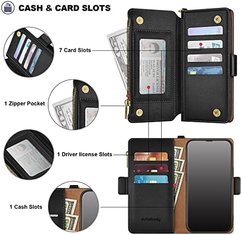 Antsturdy за iphone 14 Pro MAX 5g паричник случај xfid Блокирање Zpid Poket Zipper Quet 7 Слот За Картички пу Кожа Магнетни Флип
