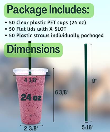 [50 комплети] 24 мл чисти пластични чаши со капаци и сламки, чаши за пиење за еднократна употреба за ладни пијалоци, замрзнато