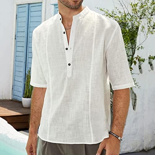 XXBR кошули за мажи летни памучни постелнина половина ракав предниот плочки копче вратот Хенли врвови за лекови за одмор на плажа