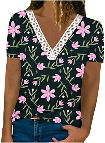 Летни врвови за кратки ракави за жени со капчиња чипка трим против маички за вратот 2023 цвеќиња од цвеќиња од цвеќиња, обични трендовски блузи