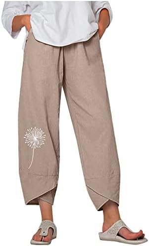 Wocachi Women Dandelion Print Harem Capri панталони со џебови лабави дно палацо панталони обични широки пантолони за нозе