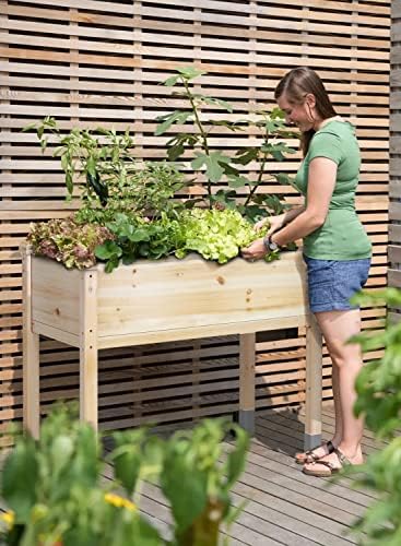 Mixc дрвена подигната градинарски кревет со нозе, 32 ”l x 16” w, покачена засилена голема кутија за пластери за растителни цветни билка
