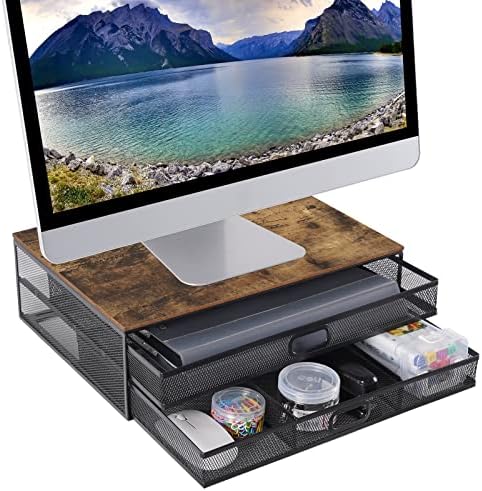 Giikin Monitor Stand со фиока, Monitor Riser Mesh Metal & Wood, Организатор на биро со складирање, компјутерски штанд за лаптоп,