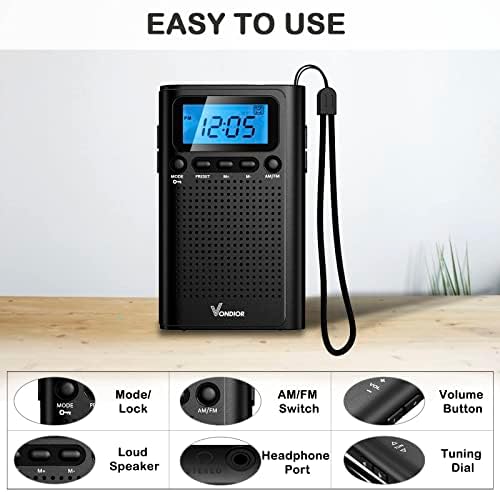 Vondior Portable Radio, Digital AM/FM радио со најдобар прием, батерија со џебно радио за затворено, надворешно и итна употреба, радио со звучник и приклучок за слушалки