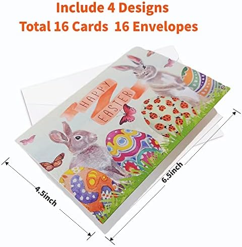 Vanpet 16 пакет гроздобер среќен велигденски картички поставен со коверти, 4 дизајни на велигденски картички за зајаче јајце за детска размена