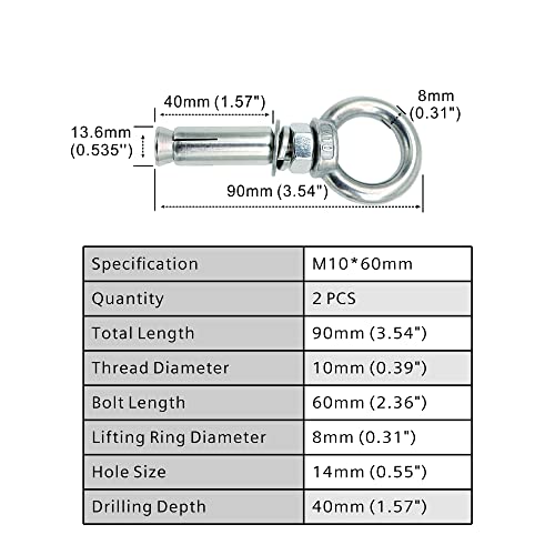 М10х60мм Прстен Кревање Експанзија Сидро Eyebolt 2 Пакет Експанзија Завртки Таванот Кука Тешки Завртки Сидро Прицврстувач 304 Нерѓосувачки