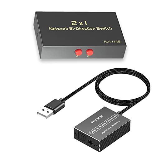 RJ45 Селектор на мрежен прекинувач 2x1/1x2, USB до оптички SPDIF Toslink & 3,5 mm Audio Adapter Converter