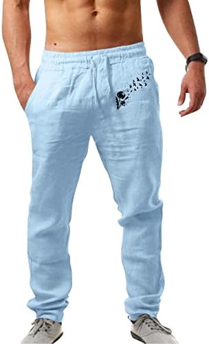 Мажите x Temp Performance Mens Massion Casual Casual Printed Linen Pocket Pants up Панталони панталони со голема големина