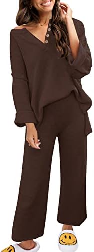 Сензерски жени 2 парчиња облеки џемпер постави копчиња со долг ракав плетен пуловер џемпер врвот широки панталони за нозе дневни сетови