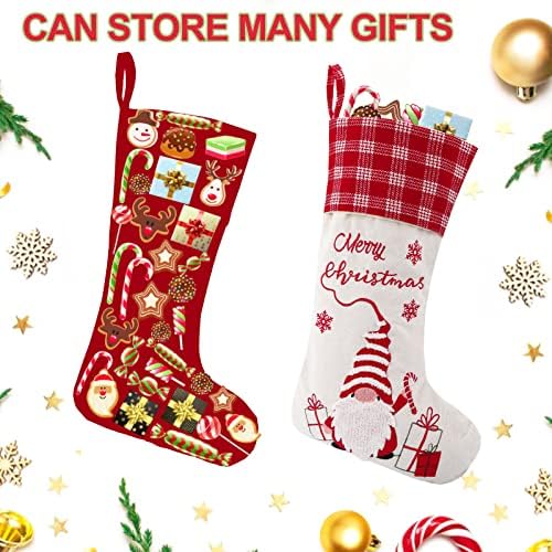 Hedaqi пакет од 2 Божиќни чорапи 18 инчи со голема големина со големи димензии со бивол кадрин манжетни и гноми шема Божиќни чорапи за семејно камин дрво што виси украси
