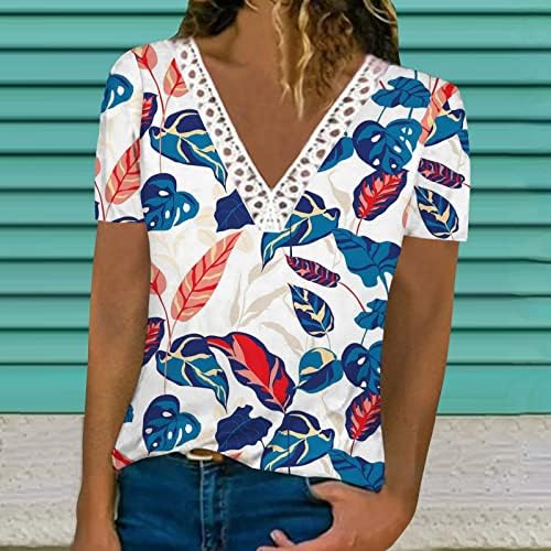 Женски блузи летни кратки ракави од капчиња чипка V вратот кошули тропски цвеќиња лисја печати хавајски кошула Туника врвови