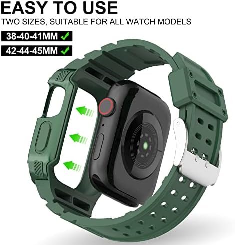 Спортски заштитен случај и опсези компатибилни со Apple Watch 42mm 44mm 45mm, двојно солиден оклоп со целосна обвивка со лента за iWatch SE Series 7 6 5 4 3 2 1, Men Women Smartwatch Bumper Case & Straps Green Gree