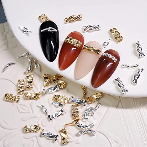 Silpecwee 50pcs златен ланец за нокти за акрилни нокти 3Д метален ланец тока, плетенки со плетенка на ланци на ноктите, привлечни украси на ноктите, шупливи ткаени прстени ?