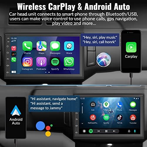 Андроид Автомобил Стерео Двојно Дин, Безжичен Карплеј, Безжичен Андроид Авто, 7 Инчен Екран На Допир Bluetooth 4.2 Автомобил Радио, 2g+32G GPS Навигација Стерео WiFi HIFI FM Unitopsci Гл