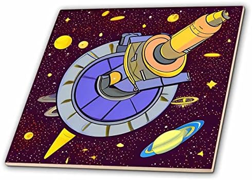 3dRose Смешни цртан филм-како уметност на фантастичен вселенски брод. Ѕвезди и планети-Плочки