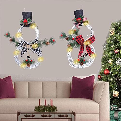 Божиќен венец што виси украс Божиќни снежни венци украси ратан букноп венец со LED светло декор Божиќна влезна врата прозорец