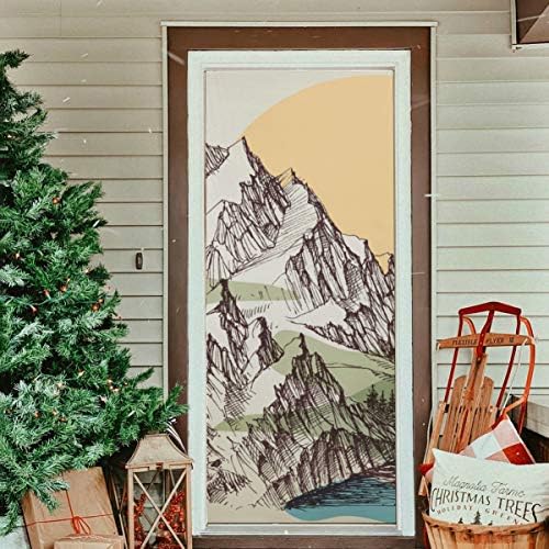 Декорации за стакло од стакло на врата алпска река пејзаж рачно цртање дрвена врата покривка Трајната ткаенина забава врата врата