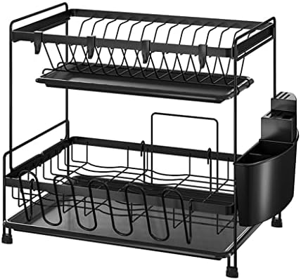 Рашка за сушење на садови Wykdd, 2 нивоа решетката за садови и одводната табла поставена со држач за чаши за сечење на табла,