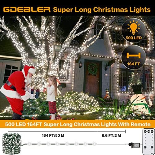 Gdealer Божиќни светла на отворено 500LED 164ft 8 режими на елки -жица светла со далечински ладно бело и 6 пакет 7.2ft 20 LED самовила батерија оперирана топло бело