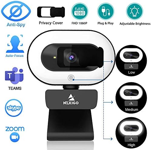 NexiGo StreamCam N930E, 1080p Веб Камера Со Прстен Светло И Приватност Покритие, Авто-Фокус, Приклучок И Игра, Веб Камера За Онлајн