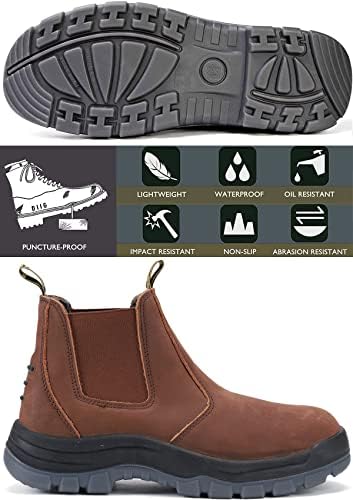Диг работни чизми за мажи, 6 меки/челични пети лизгачки лесни удобни водоотпорни чизми за работа, чевли за анти-статичко работење со широка