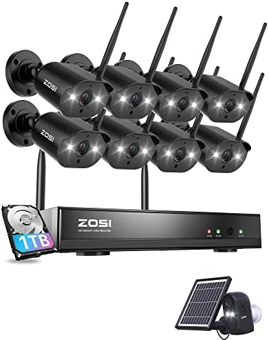Zosi 3MP H.265+ 8 Channel 8 WiFi Camera System со 1TB HDD и C1 камера со напојување со соларна панел, двонасочен аудио, сигнали за откривање