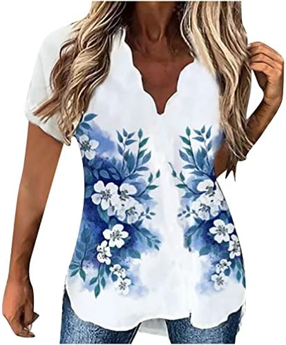 Qcemeni плус големина Туника врвови за жени v вратот кратки ракави маици цветни печатени блузи летни проточни кошула обични лабави маици