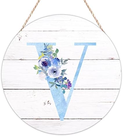 Bestorlove Добредојдовте знак за предниот декор Монограм почетен Ц тркалезно дрво знаци азбука сина цветна wallид знак свежо цвеќе 10in гроздобер