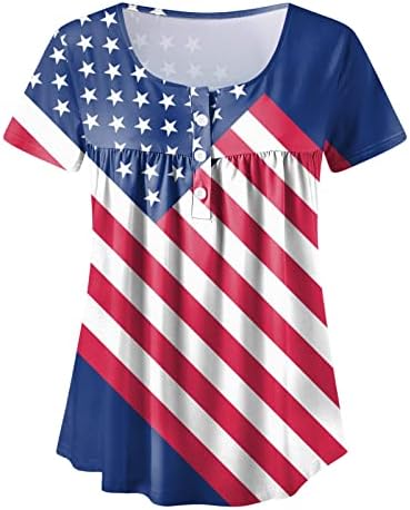 Женски врвови кратки ракави САД Ден на независност Денот на печатено копче Вратот Врв удобно лабава маичка со блузи од Хенри,