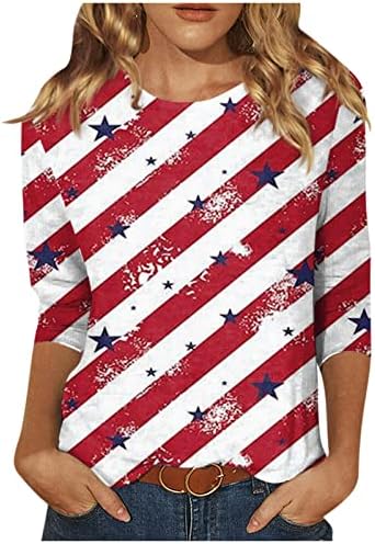 Зефотим 4 -ти јули кошули жени 2023 3/4 ракав О вратот Обичен летен трендовски американско знаме врвови блузи