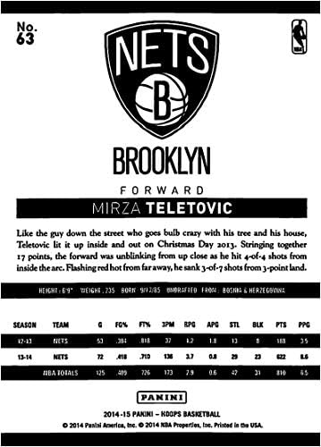 2014-15 Панини обрачи 63 Мирза Телетовиќ Бруклин Нетс Официјална картичка за трговија во кошарка во НБА во сурова состојба