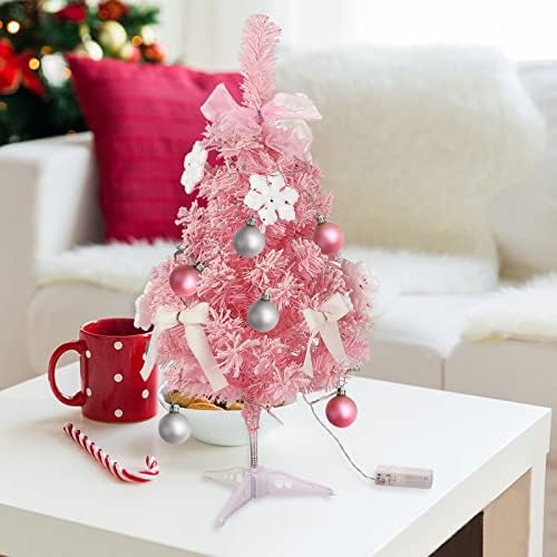 Alapaste 24inch мини розова елка, елка на таблети со светлина и украс, пред-осветлена работна површина Божиќно дрво Божиќно дрво за