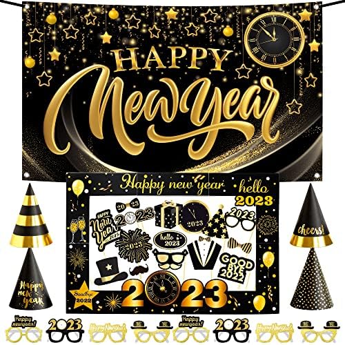 XtraLarge Среќна Нова Година Банер-72x44 Инчен | Новогодишна Забава Капи | Нова Година Фото Кабина Рамка 2023 | Црна И Златна Нова Година