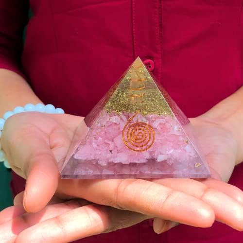 Пирамида на кристал од роза со голема големина, со две лого -метатронски лого и SSB калем, срцева чакра рамнотежа оргонит лековити кристали