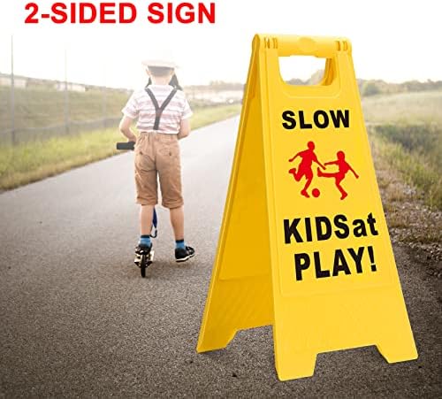 Бавни деца на знаци за играње, деца во игра безбедносни знаци 2 пакувања, текст и графика полесно се идентификуваат, жолти двострани знаци за училишта, улица, населб?