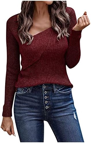 Женски џемпери ymosrh Обичен есен 2022 година Зимска цврста боја Долг ракав со низок врат неправилен секси џемпер плетена жена