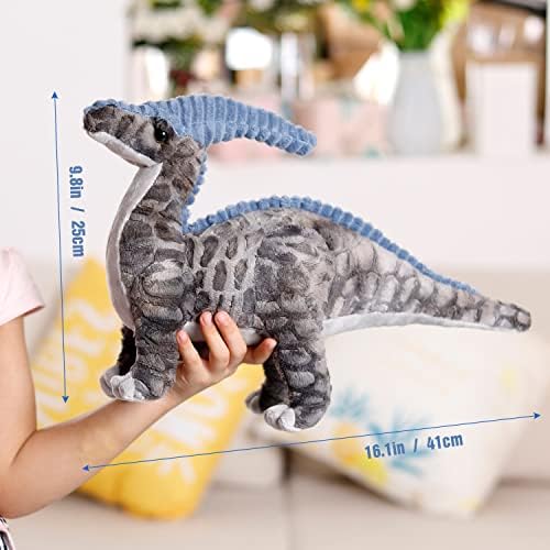 Плишана играчка со диносаурус, 16 Парасауролоф, полнети животински фрлања, кукла за перница од перница, мека сива меки пријателка со прегратка - присутна за секоја в?