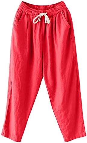 Женски тенок вклопни панталони летни високи половини памучни постелнини палацо панталони памучни постелнини панталони со џебови