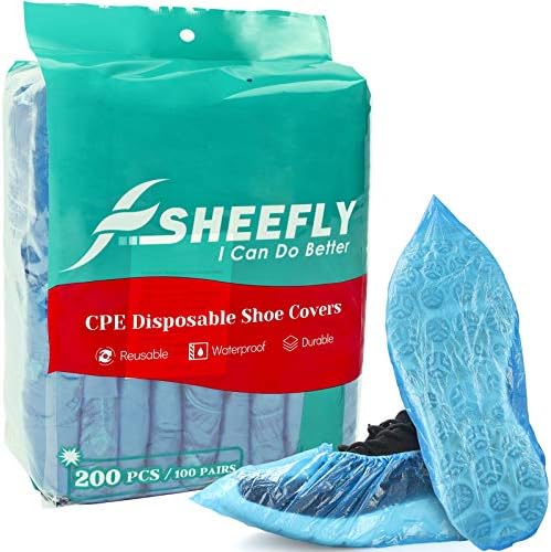 Sheefly 200 пакет за еднократна употреба на капаци за чевли CPE, водоотпорни чизми за чевли што не се лизгаат, издржлив заштитник за