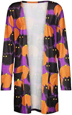 Женска надворешна облека Неправилна симпатична мачка лилјак графички кошули со долги ракави кардиган со џебни блузи преголем обичен врвен палто