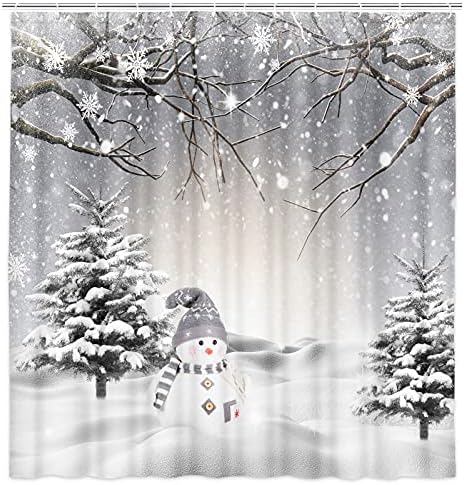 ЏАВО Зимски Божиќ Туш Завеса, Симпатична Снешко Снегулка Сцена Туш Завеси за Бања, Бор Покриени Снег Ткаенина Бања Завеси Во Собата